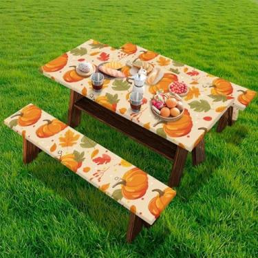 Imagem de Cugasmaru Capa de mesa de piquenique de Ação de Graças com capas de banco, conjunto de toalha de mesa de piquenique de 2,5 m, conjunto de 3 peças, equipamento de acampamento, impermeável, resistente a