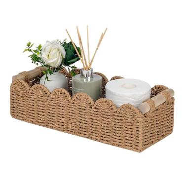 Imagem de Cesta de armazenamento de papel higiênico com borda recortada de corda de papel, pequena sala de estar, cestas de decoração de quarto para prateleira de armazenamento de banheiro, mesa de extremidade