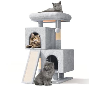 Imagem de Athena Collection Árvore de gato pequena, moderna torre de árvore de gato fofa de 86 cm com poste arranhador, 2 plataformas de atividades em condomínio e bola de jogo para uso interno, cinza claro