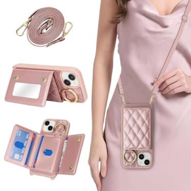 Imagem de DEYHU Capa de telefone para iPhone 13 com suporte de cartão e alça para mulheres, bolsa transversal com suporte de anel, maquiagem espelhada, carteira para Apple13 - ouro rosa escuro