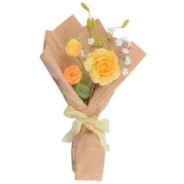 Imagem de HICOHAND Buquê de flores de crochê, 5 peças de buquê artificial de flores de rosas amarelas tricotadas à mão com papel de embrulho para decoração de casa, mãe, pai, professor, presente de aniversário