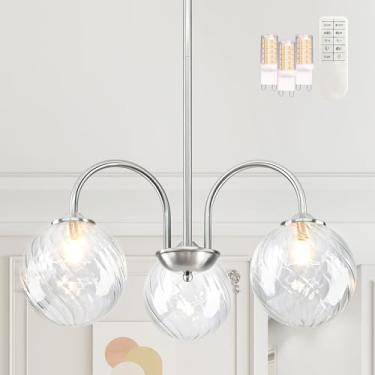 Imagem de Bagood Luminária Pendente De Globo Níquel Com 3 Luzes, Lustre Moderno Sputnik 19,6" Meados Do Século, Cúpula Vidro Transparente, Regulável Para Quarto E Cozinha (Lâmpada G9 Controle Remoto Inclusos)
