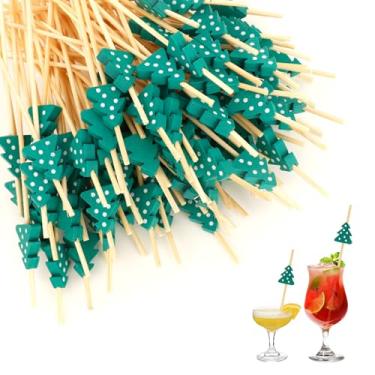 Imagem de Palitos de coquetel de árvore de Natal, 100 peças de palitos de Natal para aperitivos, palitos de Natal para comida, espetos decorativos de bambu para sanduíche, bebidas, sobremesa, para decoração de