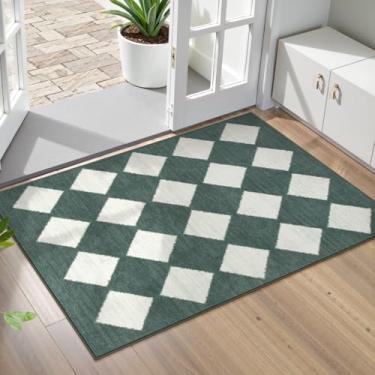 Imagem de Lahome Tapetes de cozinha verdes laváveis quadriculados 2x3 antiderrapantes, tapete de porta interno impresso pequeno para entrada, treliça marroquina, tapete ultrafino para decoração de entrada de