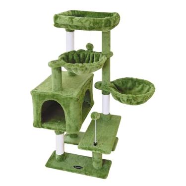 Imagem de KIYUMI Condomínio de torre para gatos com haste de sisal para arranhar gatos em ambientes internos, móveis para gatos com rede e poleiro e bola de gatinho, centro de atividades para animais de