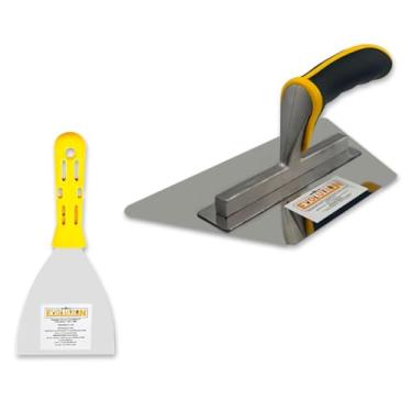Imagem de Espátula 10,16cm + Desempenadeira Trapézio 23,5X13CM Flexível Evolution Cimento Queimado Massa Corrida Acabamento Profissional Kit