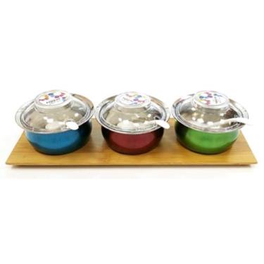 Imagem de Kit com 3 galheteiros com 3 cores, verde, vermelho e azul e suporte de
