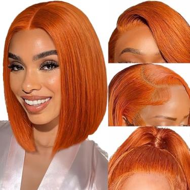 Imagem de Peruca Ginger Bob Cabelo Humano 33 x 10 Perucas Frontais Lace 30 cm Curto Liso Laranja Gengibre Sem Cola Pré-Arrancadas Densidade 180% Perucas Naturais para Mulheres Negras