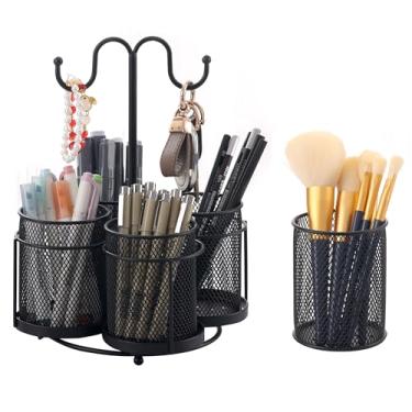Imagem de ifory Suporte de caneta para mesa, suporte removível 4 em 1 para pincéis de maquiagem, suporte de caneta de malha preta com ganchos para chave, organizador de mesa e dormitório em casa