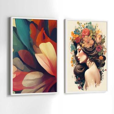 Imagem de Conjunto Quadros Decorativos com Moldura Mulher Flores na Cabeça Kit 2