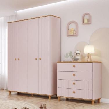 Imagem de Quarto de Infantil Completo Guarda Roupa 4 Portas e Cômoda 4 Gavetas 100 MDF Lívia Permobili