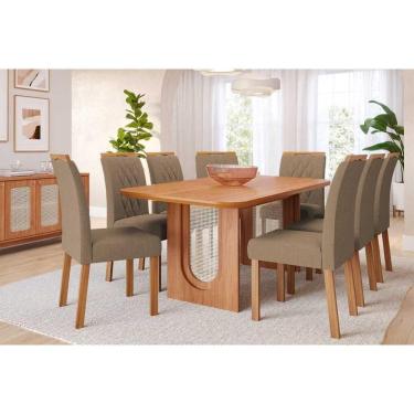 Imagem de Conjunto: Mesa Sala Jantar Valentina Tampo Madeirado 210x100cm e 8 Cadeiras Juliana Cinamomo - Carvalho/Suede Joli Capuccino - Cimol