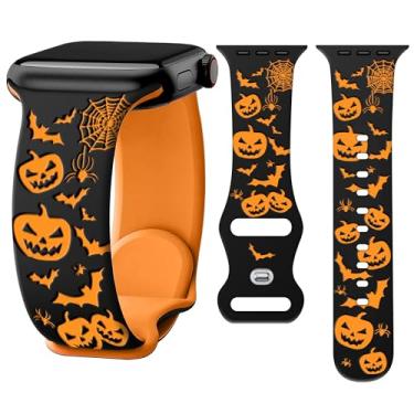 Imagem de Melyis Pulseira de silicone para Apple Watch de Halloween de 42 mm (série 10) 41 mm, 40 mm e 38 mm, pulseira macia para Apple Watch séries 10, 9, 8, 7, 6, 5, 4, 3, SE, preto e laranja