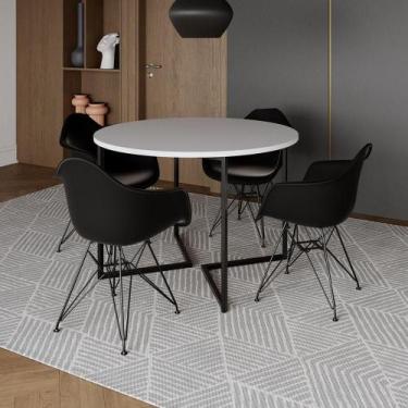 Imagem de Mesa Industrial Jantar Redonda 110Cm Branca Base V Com 4 Poltronas Pre