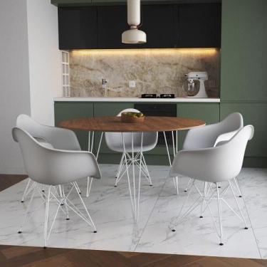 Imagem de Mesa Jantar Redonda 110Cm Amêndoa Clips 3 Pés Com 5 Poltronas Brancas 