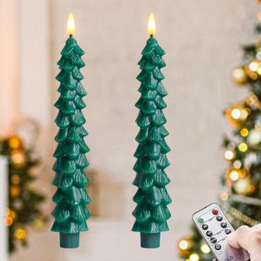 Imagem de Zevanor Green Tree Velas cônicas de cera real sem chamas com temporizador remoto, castiçais de LED cintilantes 3D operados por bateria, 2 cm x 24 cm, pacote com 2 para decoração de casa de ano novo
