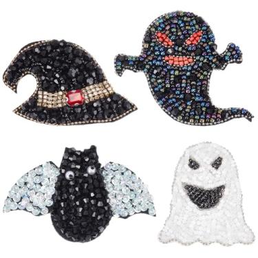 Imagem de BEUNITONE 4 peças de adesivos de contas de Halloween costurados em elementos de Halloween com apliques de contas feitos à mão morcego chapéu de bruxa emblema para roupas faça você mesmo, calças