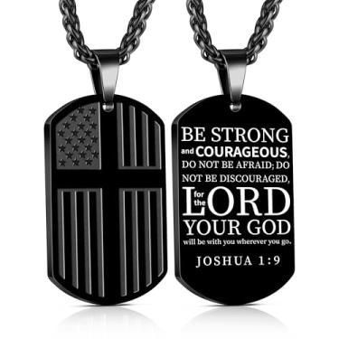 Imagem de Yanxyad Cruz etiqueta de cão bandeira americana versículo bíblia colar de aço inoxidável corrente pingente militar joias religiosas presentes para homens adolescentes 55 + 5 centímetros, Medium, Aço