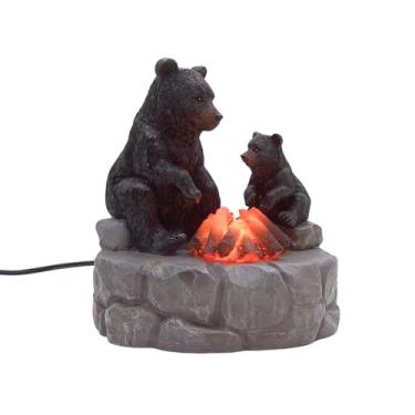 Imagem de Urso preto da floresta e filhote sentados ao redor de uma fogueira, decoração de cabine de mesa e chalé, luz LED Woodland Bears, presente exclusivo para amantes da natureza, 21 cm