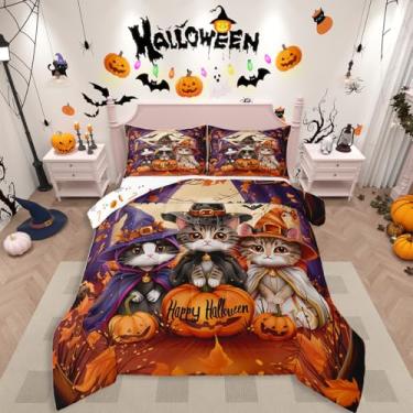 Imagem de Erosebridal Jogo de cama king com tema de Halloween, gato, fantasma gótico, para crianças, adolescentes e adultos, lanterna de abóbora, edredom assustador, com 2 fronhas