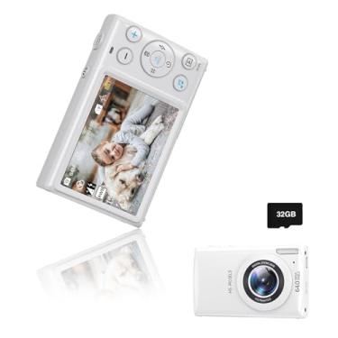 Imagem de Câmera digital 4K FHD 7.6 cm 64MP Point and Shoot, câmera digital para fotos com cartão de 32 GB, zoom 18X, compacta, pequena, vintage, branca