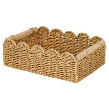 Imagem de BLWOTMOR Cesto de Armazenamento de Corda de Papel, Organizador Feito à Mão com Alça de Madeira, Lixeira Decorativa para Banheiro, 35 cm x 16 cm x 9,5 cm