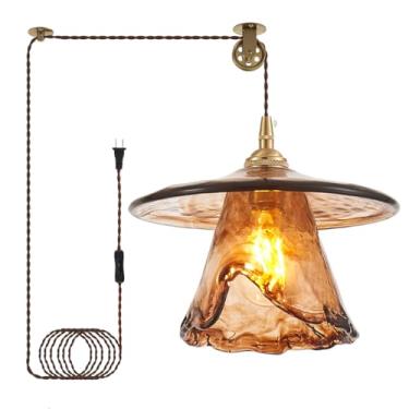 Imagem de Plugue de luz pendente pendurado, cabo de luz ajustável, plugue em 1 luz pendente de vidro âmbar, abajur cônico, luz de teto pendurada, ilha de cozinha, luzes pendentes para quarto, acabamento de