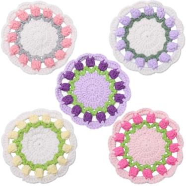 Imagem de GORGECRAFT Porta-copos florais de algodão 5 cores, 5 peças, 12 cm, redondo, tulipa de crochê, trançado, tapete antiderrapante para bebidas, tapetes para mesa de café, mesa, copos, casa, cozinha
