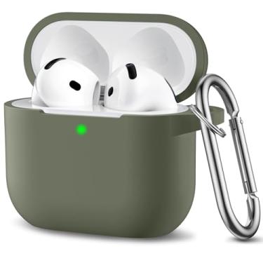 Imagem de DaQin Compatível com AirPods 4, capa protetora completa de silicone macio para Apple AirPod 4 capas com chaveiro, compatível com acessórios de capa AirPod 4ª geração, verde exército