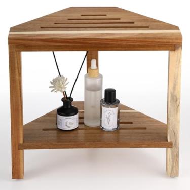 Imagem de Kathfly Banco de chuveiro de 33 cm para pés de chuveiro para barbear pernas banco de banho de canto à prova d'água de madeira de acácia com prateleira de armazenamento para pequenos espaços de banho