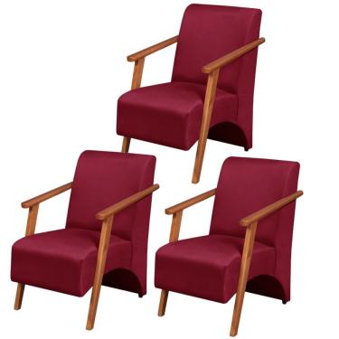Imagem de Kit 3 Poltronas Venus 1 Lugar Braço Madeira Maciça Tecido Suede Unidecor Bordô