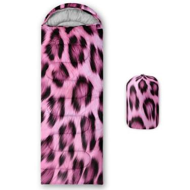 Imagem de QOOMO Sacos de dormir para acampamento com estampa de leopardo rosa, 3 estações, clima quente e frio, leve, sacos de dormir à prova d'água para adultos e crianças, viagens e ao ar livre, equipamentos
