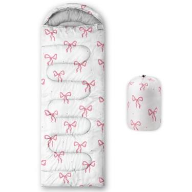 Imagem de QOOMO Sacos de dormir de acampamento com estampa de laço Kawaii, 3 estações, clima quente e frio, leve, sacos de dormir à prova d'água para adultos e crianças, viagens e ao ar livre, equipamentos de