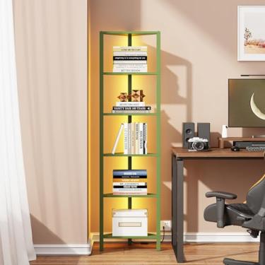 Imagem de TUTOTAK Prateleira de canto com luz LED, estante de canto de 6 camadas para espaços pequenos, suporte de prateleira de canto estreito com rack de armazenamento, para sala de estar, quarto, verde-oliva