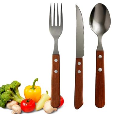 Imagem de Conjunto de Talheres em Aço Inox com Cabo de Madeira, 48 Peças, Marrom e Prata, Utensílios de Mesa para Cozinha
