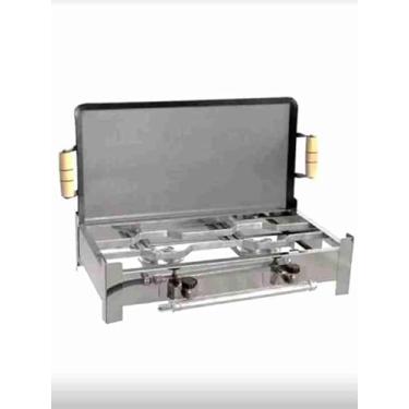 Imagem de Fogão Inox 2 Bocas Portátil Fogareiro + Chapa Bife e Mangueira Para Churrasco Camping