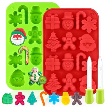 Imagem de Moldes de chocolate de silicone de Natal - 2 pacotes de moldes de doces de Natal com 2 conta-gotas, moldes de silicone de floco de neve 3D para chocolate, doces, geleias, cubos de gelo, petiscos para