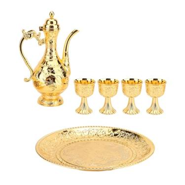 Imagem de QANYEGN Conjunto de chá turco, conjunto de cervejas de café turco vintage, bandeja de chá de bule de metal vintage e 4 xícaras para casa, escritório, casamento (Ouro)