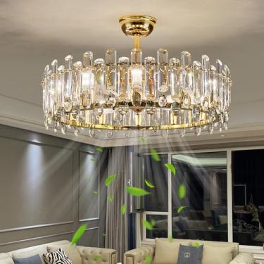 Imagem de Ventilador de teto moderno de 21" com luz de lustre de cristal, ventilador de teto dourado Fandelier com controle remoto de luz, ventilador reversível de 6 velocidades, ventilador de teto gr