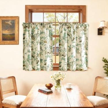 Imagem de Leeva Cortinas rústicas de café de fazenda para cozinha, cortinas de janela pequenas com bolso de haste sobre a pia, 76 cm x 76 cm, estampa de plantas, pássaros e borboletas em bege