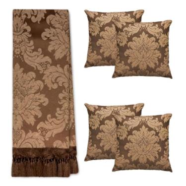 Imagem de Kit Manta Xale Para Sofá E Cama Cores Com 4 Capas de Almofada (1,40 X 1,80,18 MARROM/CARAMELO)