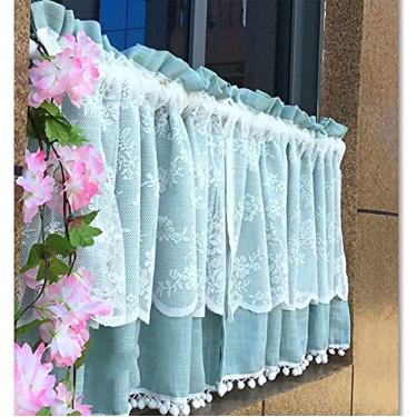 Imagem de Cortina curta de cozinha com bordado cortina de cozinha cortina de algodão linho blackout cortinas de janela com lasce com pompom meia cortina com padrão floral, L 135 cm * a 50 cm azul pavão