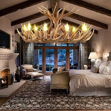 Imagem de XFNVXC Lustre Lig de resina de luxo Lig 6 Ligs Marrom Rústico Chifre de veado Lig Lustre Lig Luxuoso Camada Dupla Quinta Chifres Lig Luminárias