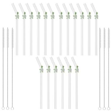 Imagem de 18 canudos reutilizáveis de vidro transparente com 6 peças de escova de limpeza, resistente ao calor, lindos canudos dobrados de flores para smoothies, chás, sucos, milkshakes, coquetéis (18 peças