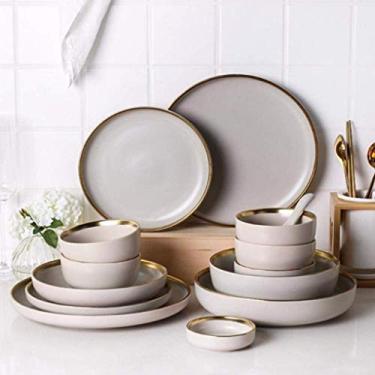 Imagem de Pratos de jantar, utensílios de mesa de cerâmica, conjunto de jantar de porcelana cinza Phnom Penh com 34 peças de tigelas de cerâmica, prato de jantar, serviço de colher para 8 pessoas, presente para