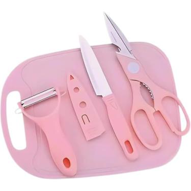 Imagem de Kit de Utensílios de Cozinha 4 Peças – Faca, Tesoura, Descascador e Tábua de Corte | Lâminas em Aço Inox | Ideal para Preparos Diários – Cores Sortidas