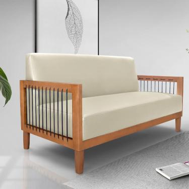 Imagem de Sofá Namoradeira 2 Lugares Sala de Estar Pés Madeira Maciça Corda Náutica Preta 160cm Manila PU Bege G63 - Gran Belo