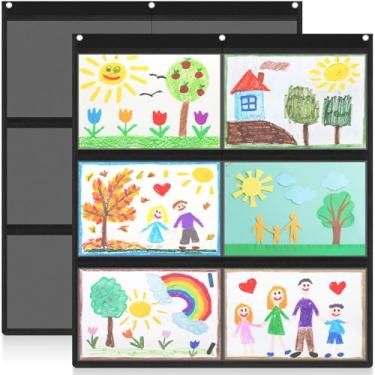 Imagem de MotiMind 2 peças, 6 bolsos, tabela preta para sala de aula com bolsos grandes 72 x 62 cm, tabela de bolso para agendamentos de sala de aula A4 para cartões, desenho, fotos, lição de casa, atividades