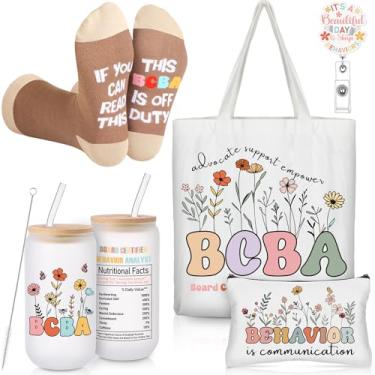 Imagem de Dingion 5 peças Bcba Behavior Analyst Educação Especial Professor Comportamento Terapeuta Presentes de Apreciação Incluem Sacola Cosmética Copo de Vidro Suporte de Crachá Meias para Presente de Exame