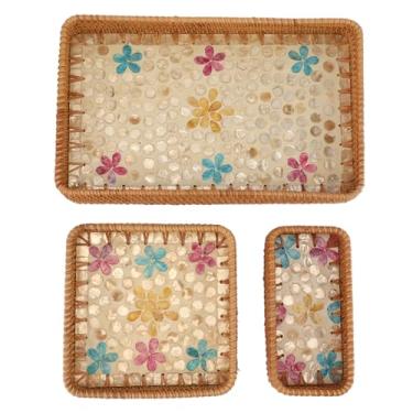 Imagem de Pilipane Conjunto de bandeja de frutas de vime feito à mão elegante bandeja de armazenamento multiuso de grande capacidade para restaurante doméstico 3 peças bandejas retangulares de vime (florete
